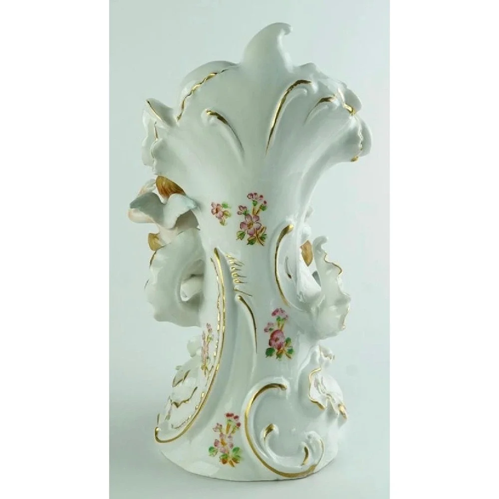 Vintage Porcelain Cherub Cornucopia Vase F-46 Rococo Floral Gold Trim 9in